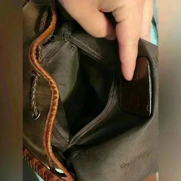 Vintage Fossil Brown Hobo Leather Bucket Shoulder Woven Handle Drawstring Bag - Picture 11 of 16